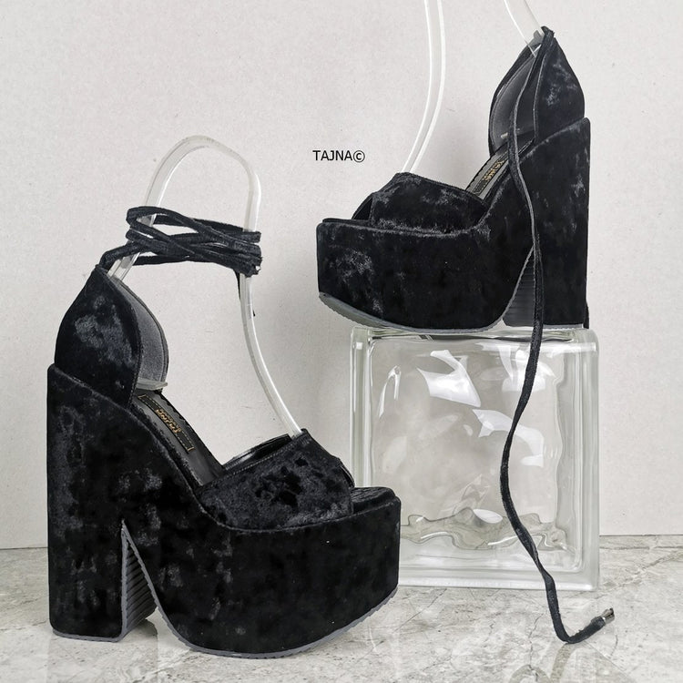 Black Velvet Ankle Lace Up Wedges - Tajna Club