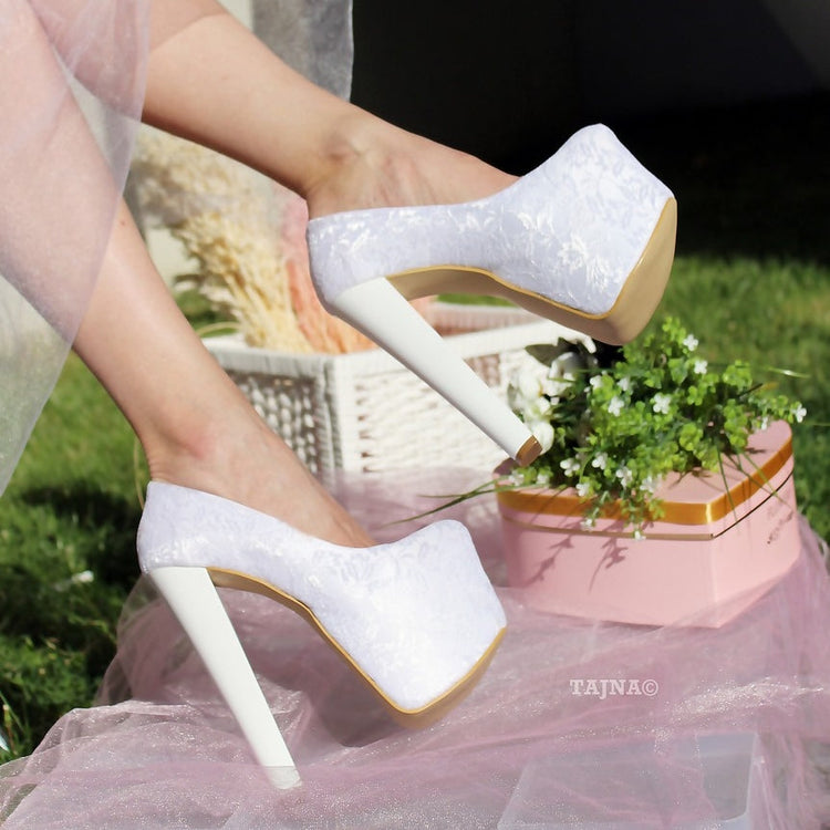 White Lace 19 cm High Heel Platform Bride Shoes - Tajna Club
