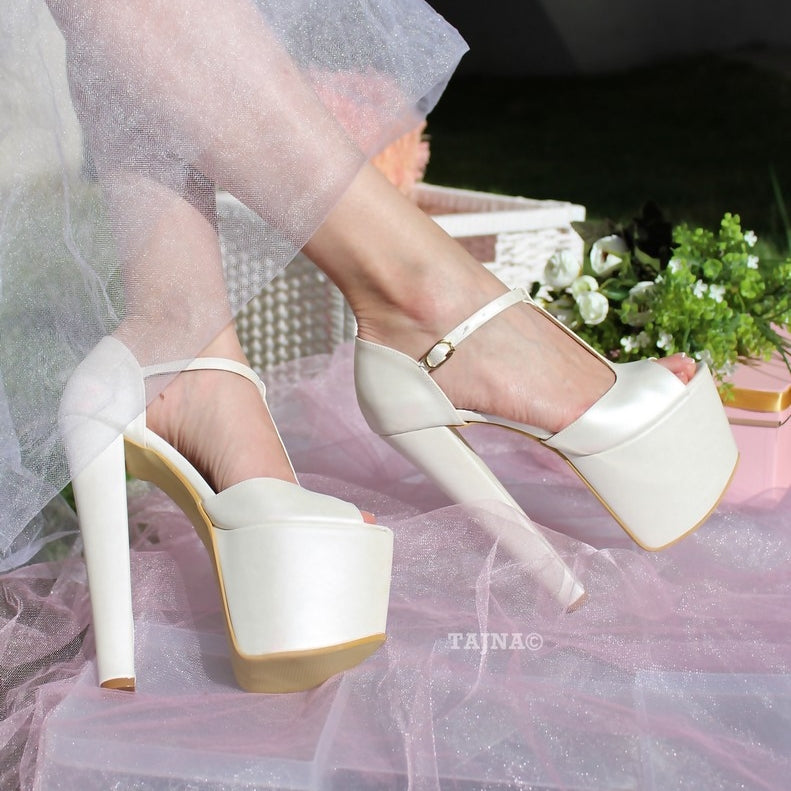Ivory White Ankle Strap High Heel Platform Bride Shoes - Tajna Club