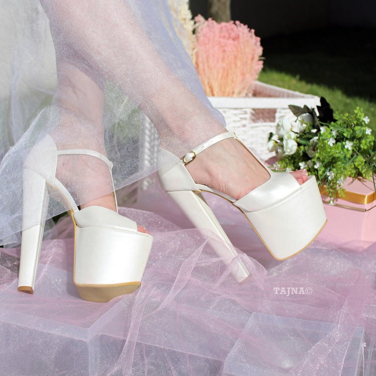 Ivory White Ankle Strap High Heel Platform Bride Shoes - Tajna Club