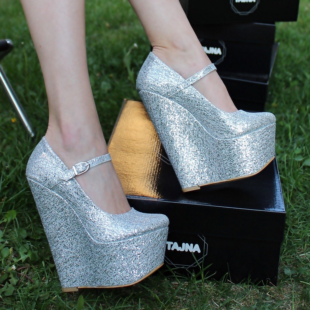 Silver Shiny Heel Wedge Shoes - Tajna Club