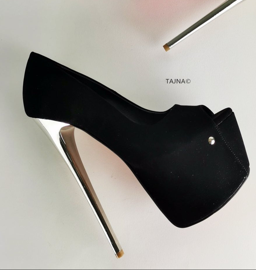 Black Suede Metallic Heels Peep Toe - Tajna Club