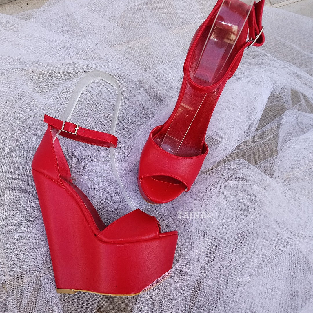 Red Ankle Strap 17 cm Heel Wedge Sandals - Tajna Club