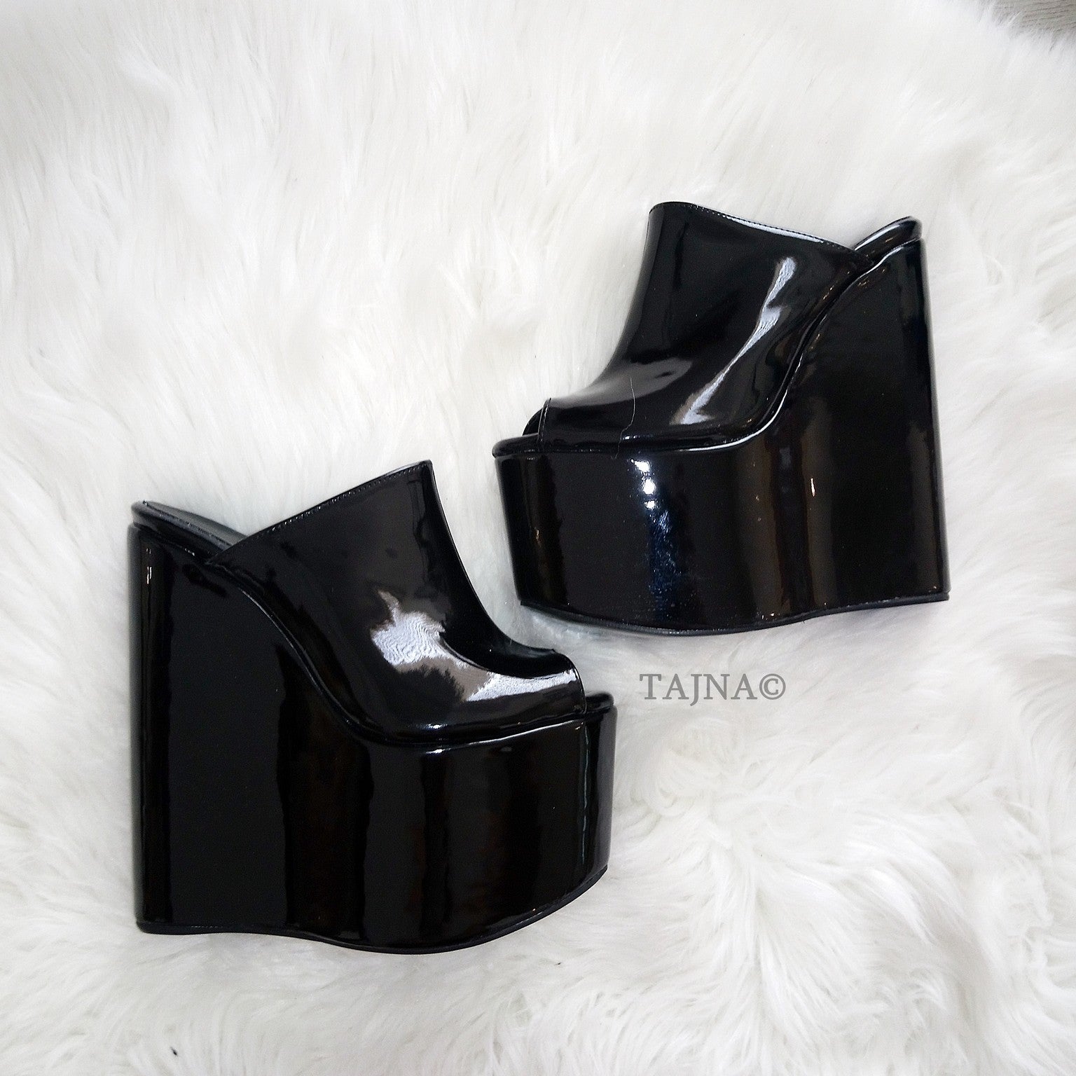 Black Patent Leather Peep Toe High Heel Wedge Mules - Tajna Club