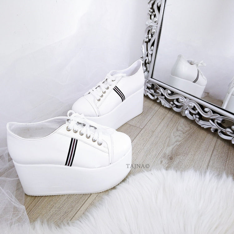 White Lace Up Sport Wedge Platform Shoes - Tajna Club