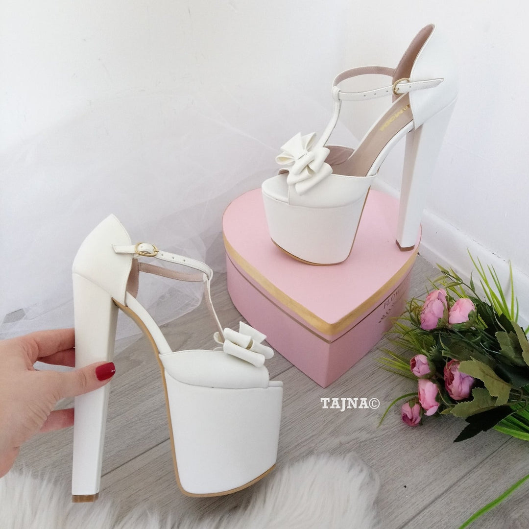 White Ribbon Ankle Strap High Heel Platform Bride Shoes - Tajna Club