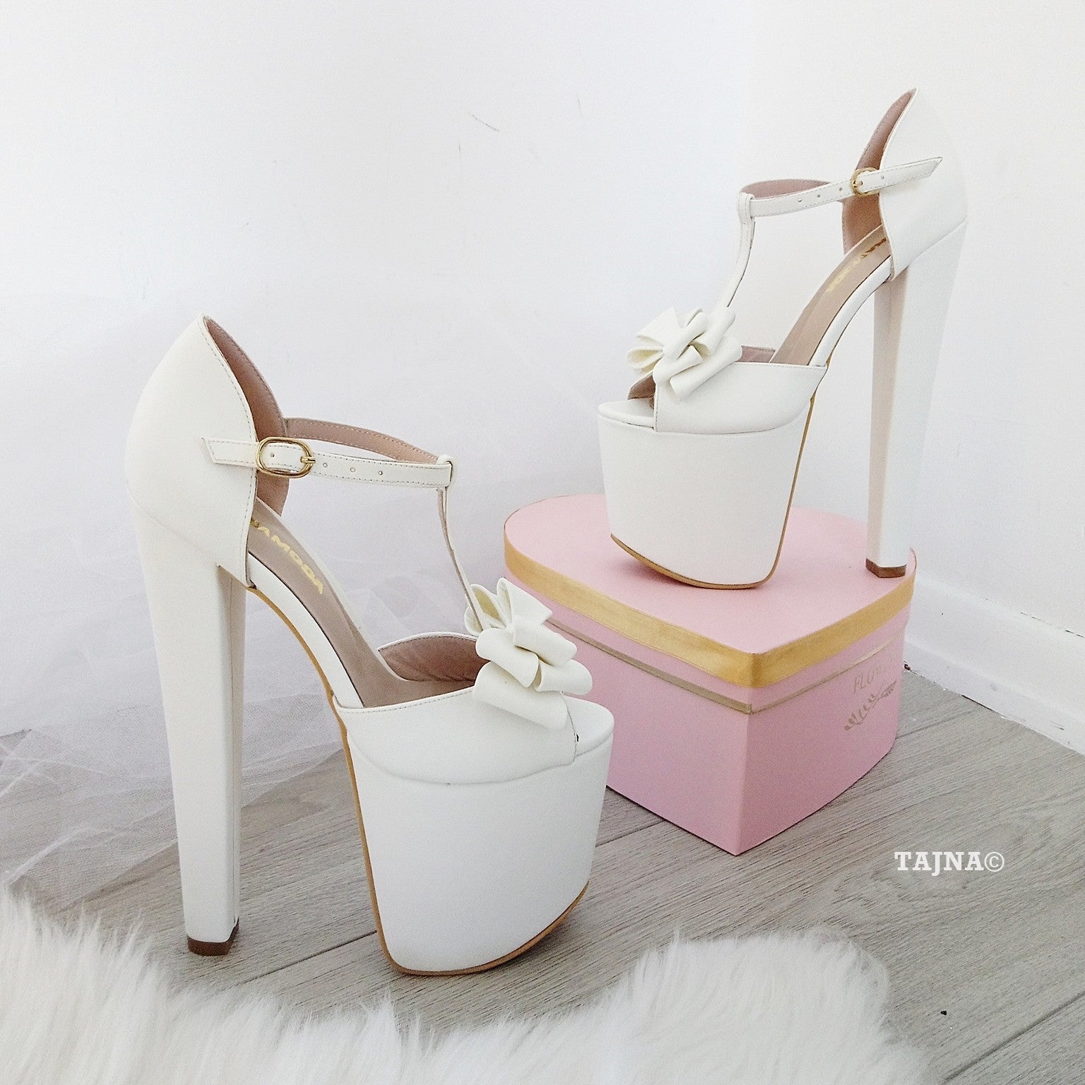 White Ribbon Ankle Strap High Heel Platform Bride Shoes - Tajna Club