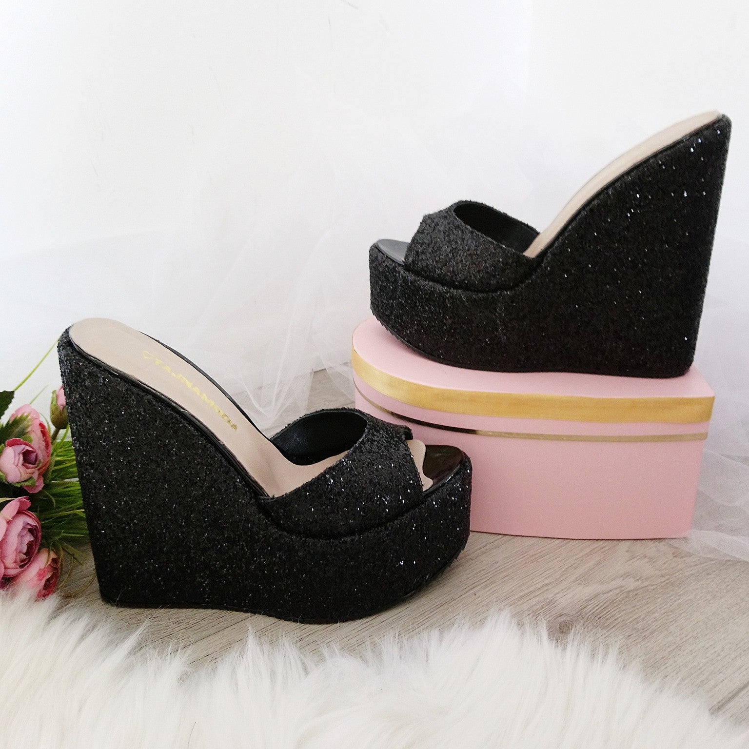 Black Shiny Peep Toe High Heel Wedge Mules - Main Image