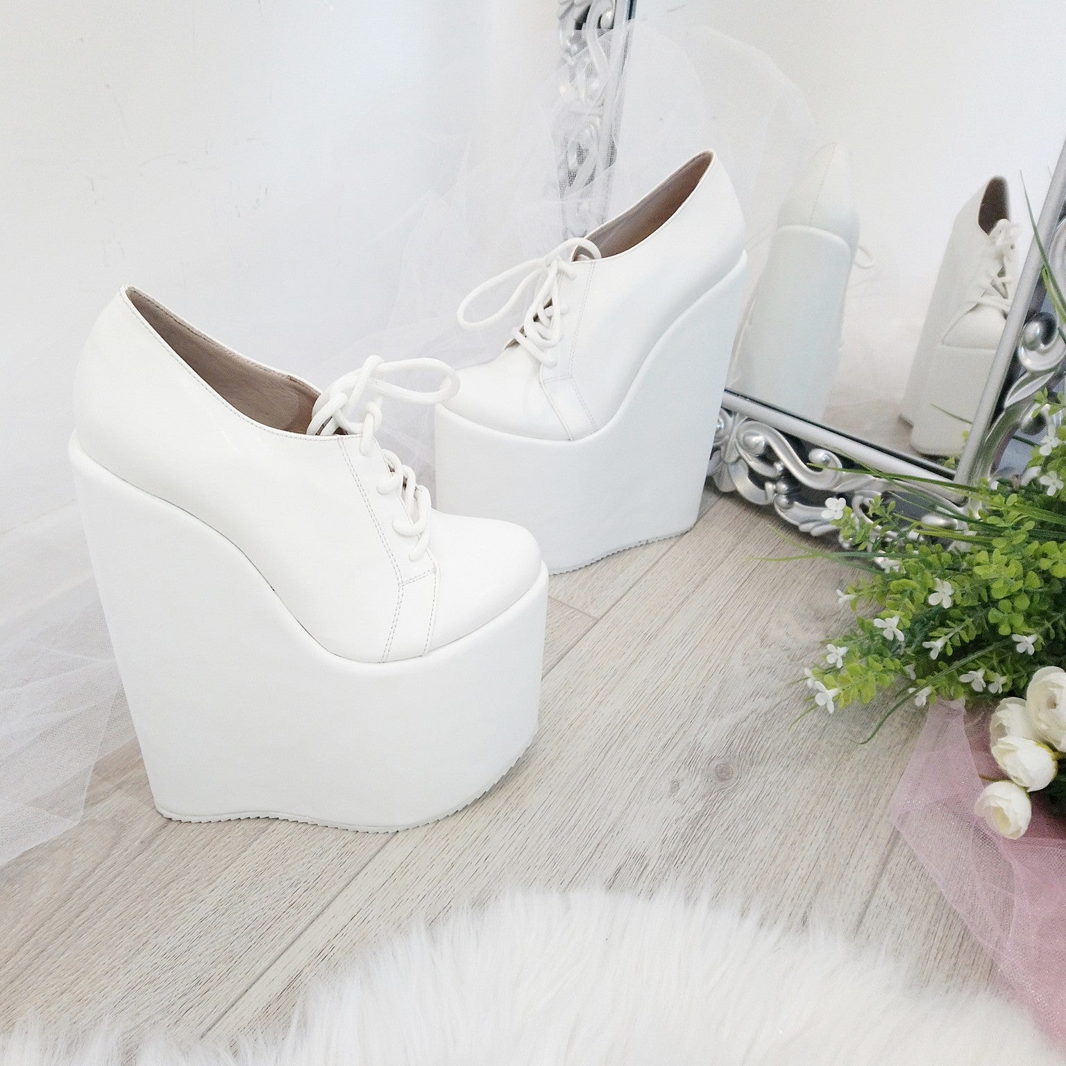White Lace up High Heel Wedge Shoes Wedding / Bridal - Tajna Club