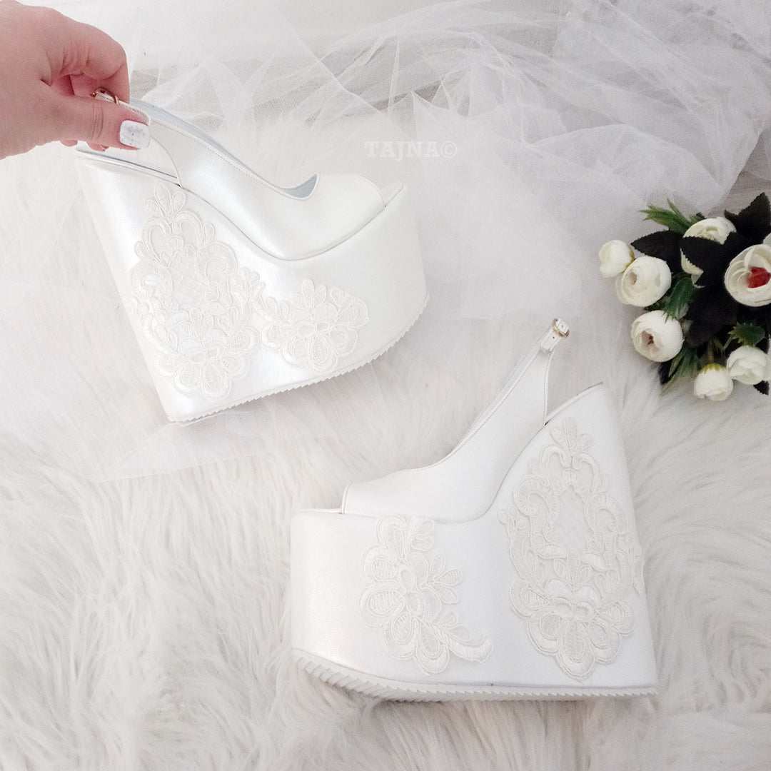 Peep Toe Platform Ivory White Lace  Wedding  Wedge Shoes - Tajna Club