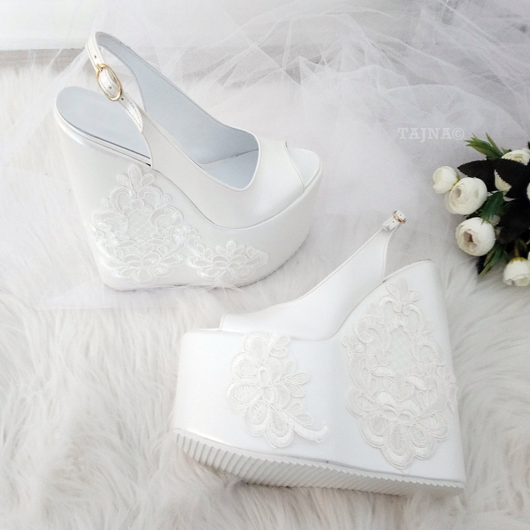 Peep Toe Platform Ivory White Lace  Wedding  Wedge Shoes - Tajna Club