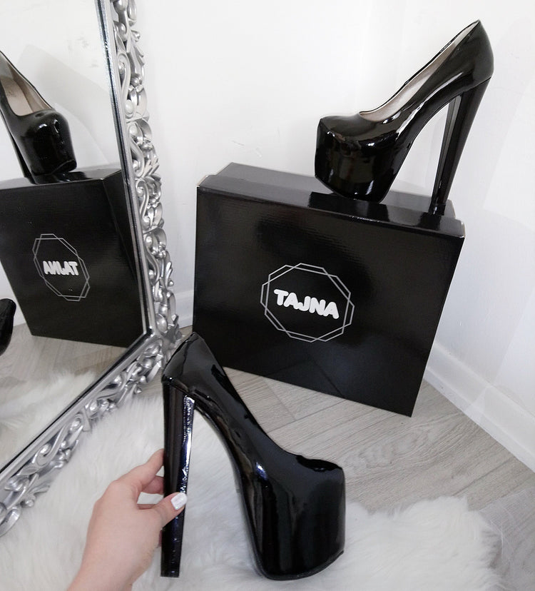 Black Patent Leather 19 cm High Heel Platform Shoes - Tajna Club