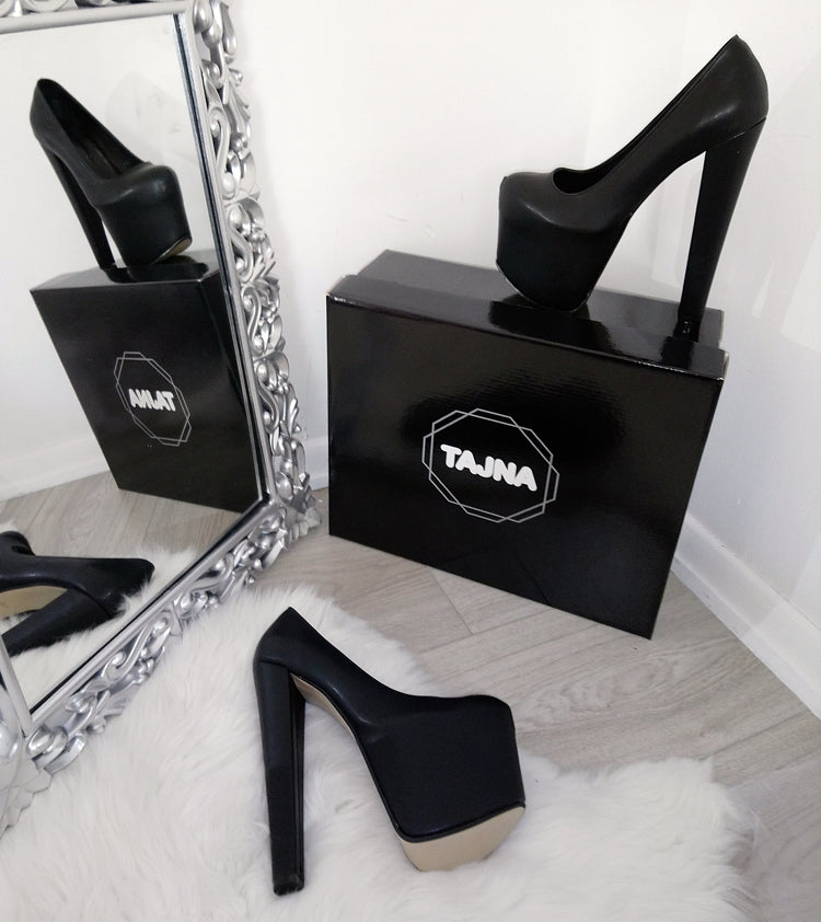 Black Faux Leather 19 cm High Heel Platform Shoes - Tajna Club