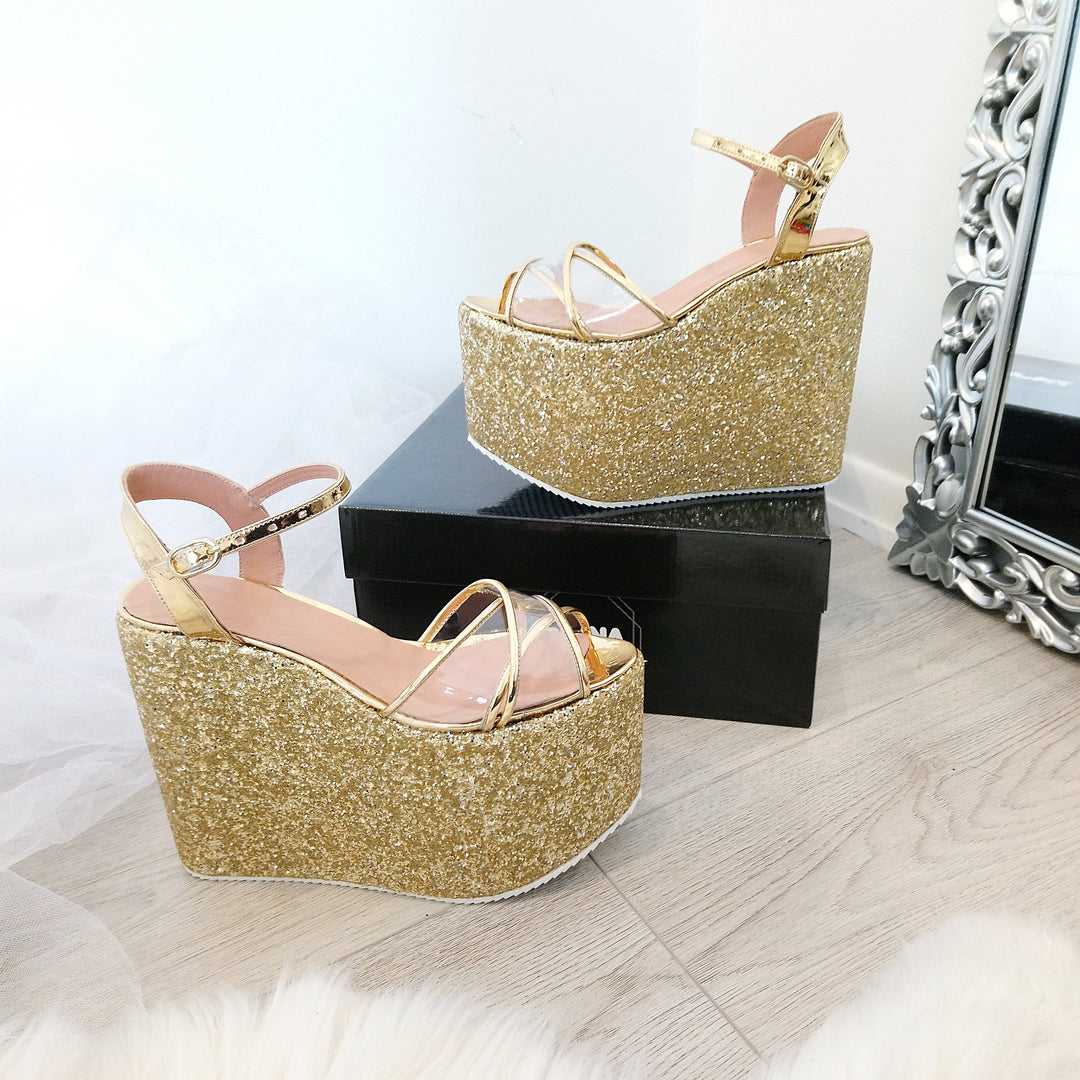Ankle Strap Gold Glam Wedge Sandals - Tajna Club