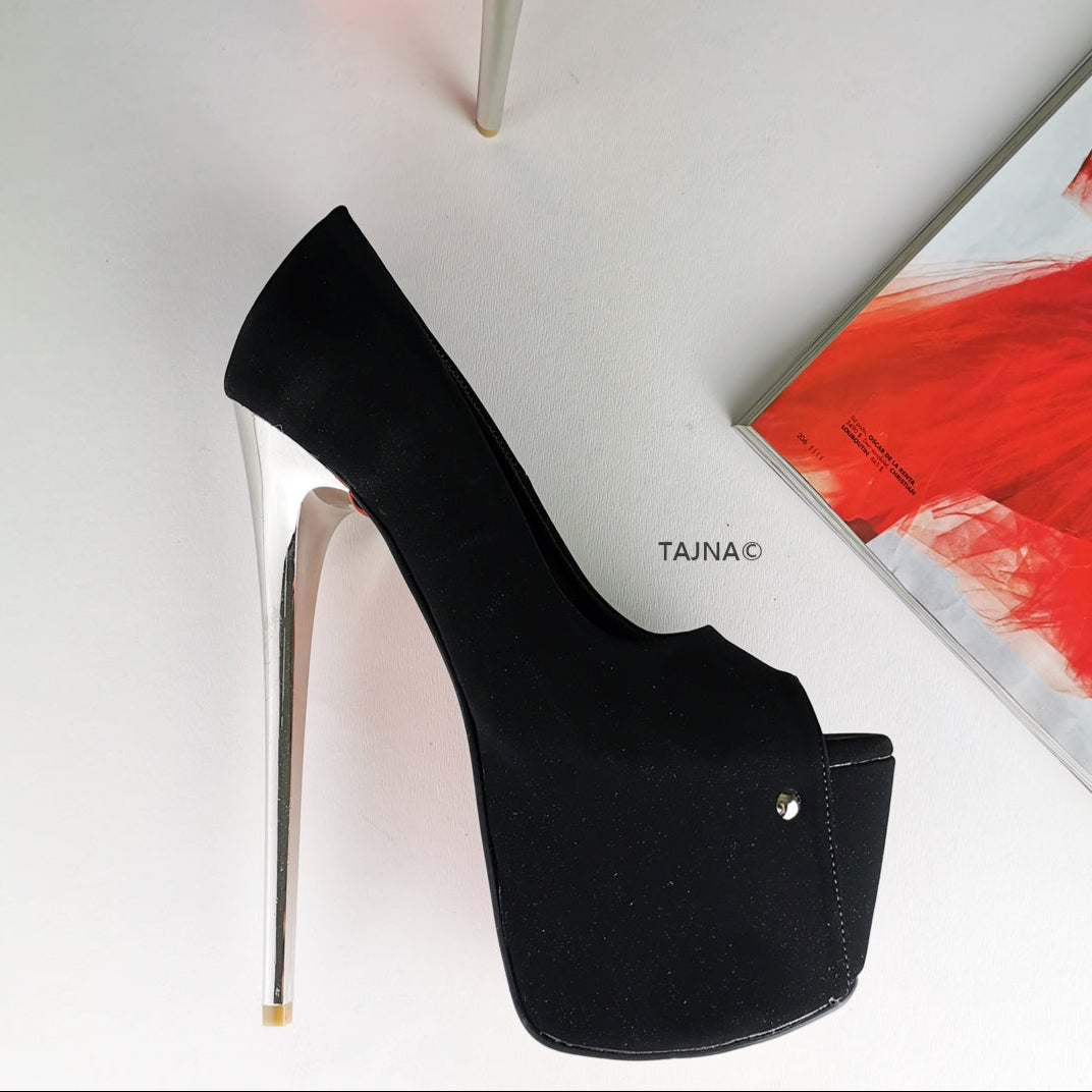 Black Suede Metallic Heels Peep Toe - Tajna Club