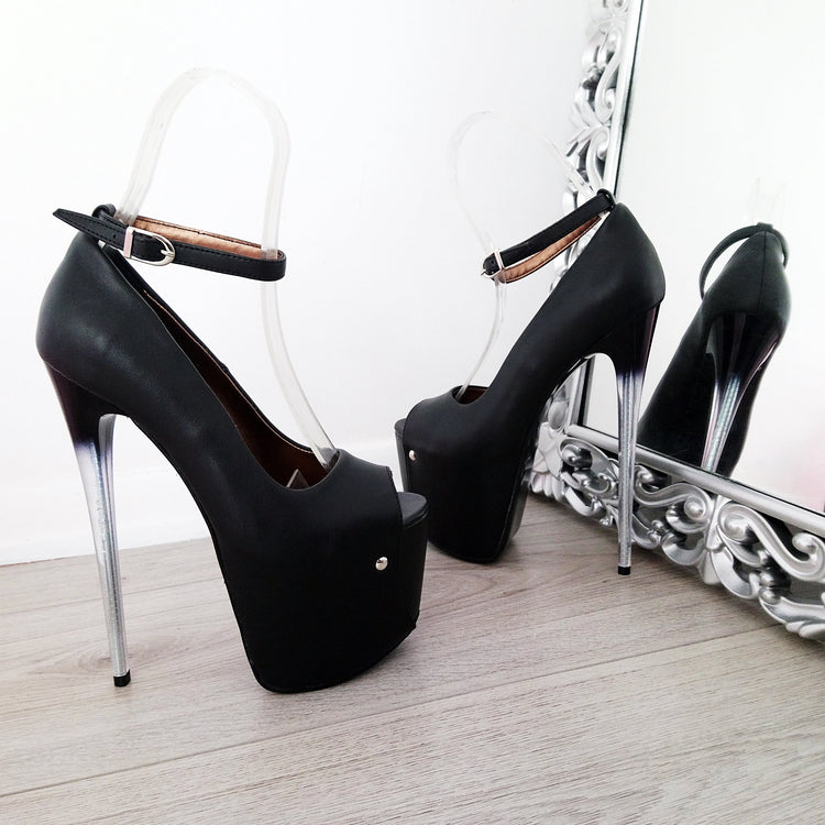 Black Peep Toe Glassy High Heel Platforms 19 cm - Tajna Club