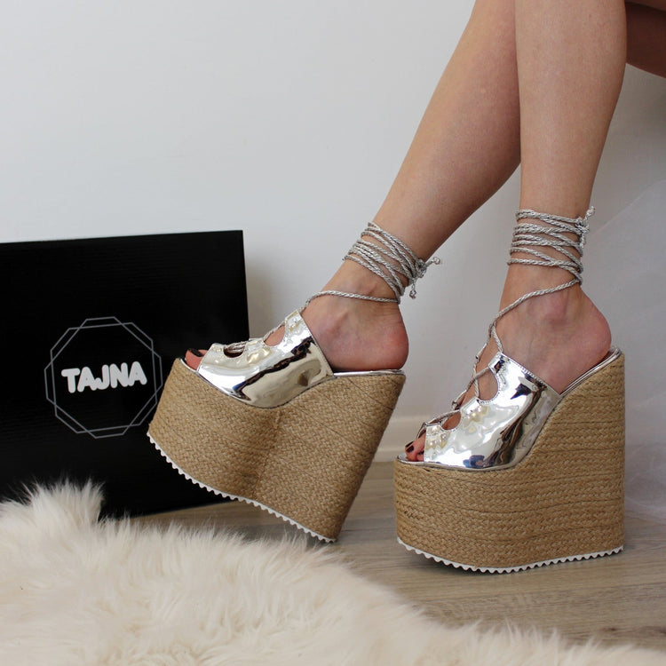 Lace Up Silver Platform Wedge Sandals - Tajna Club