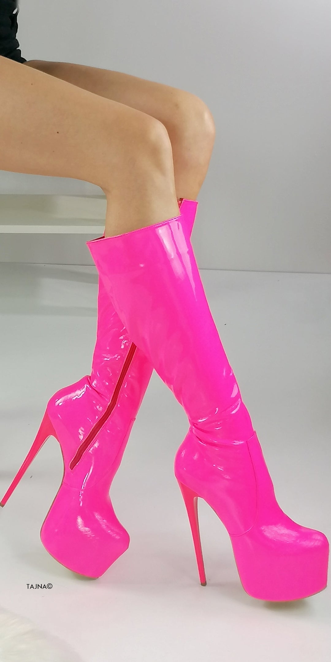 Neon Pink Gloss Mid Calf High Heel Boots