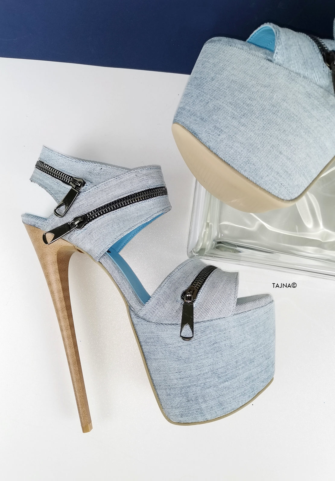 Jean Zipper Detail Heel Sandals - Tajna Club
