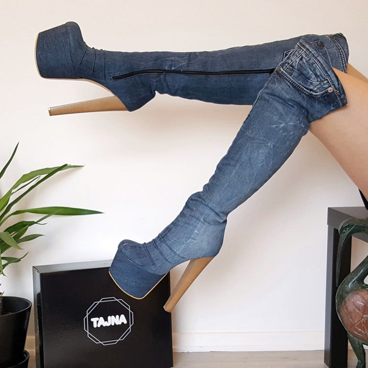 Over The Knee Jean Platform Boots - Tajna Club