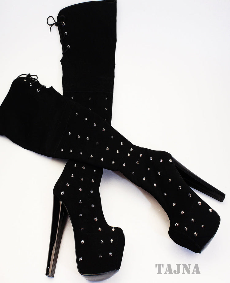 Pinned Black Suede Knee High Boots - Tajna Club