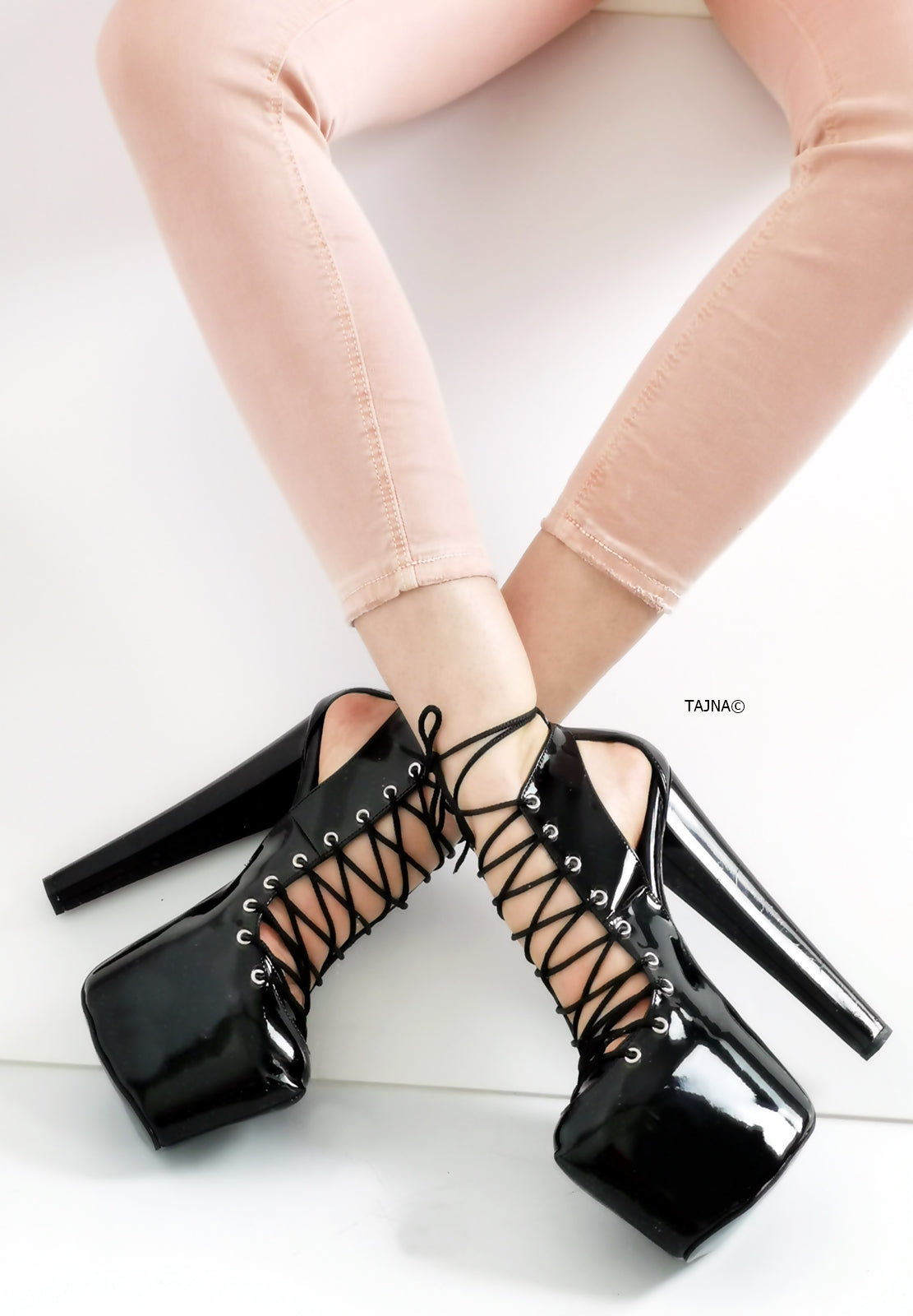 Black Patent Designer Lace Heels - Tajna Club
