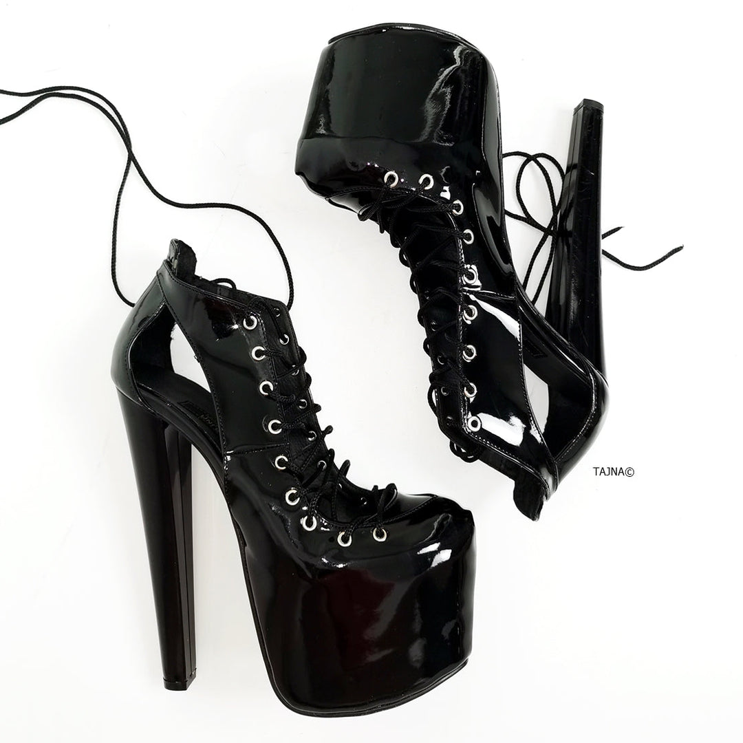 Black Patent Designer Lace Heels - Tajna Club
