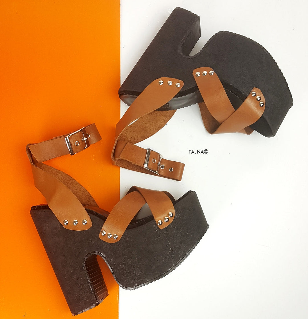 Brown Leather Cross Strap Platform Sabo Sandals - Tajna Club
