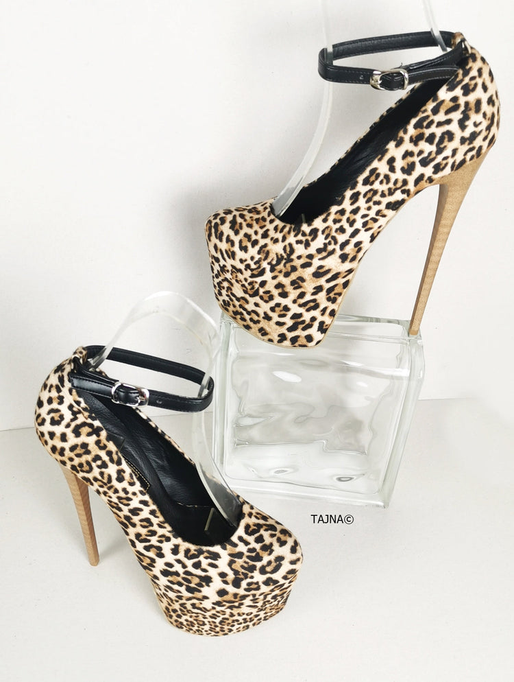 Leopard Ankle Strap Brown Thin Heels - Tajna Club