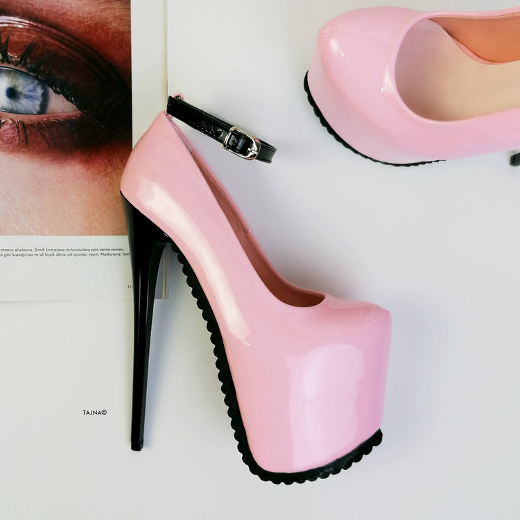 Light Pink Ankle Strap Serrated Sole Heels - Tajna Club