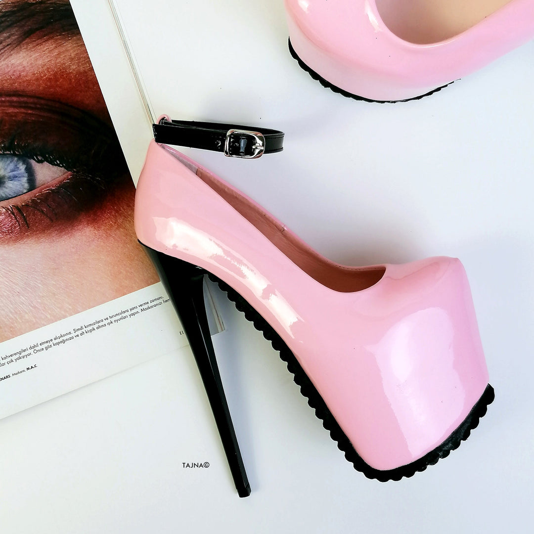 Light Pink Ankle Strap Serrated Sole Heels - Tajna Club