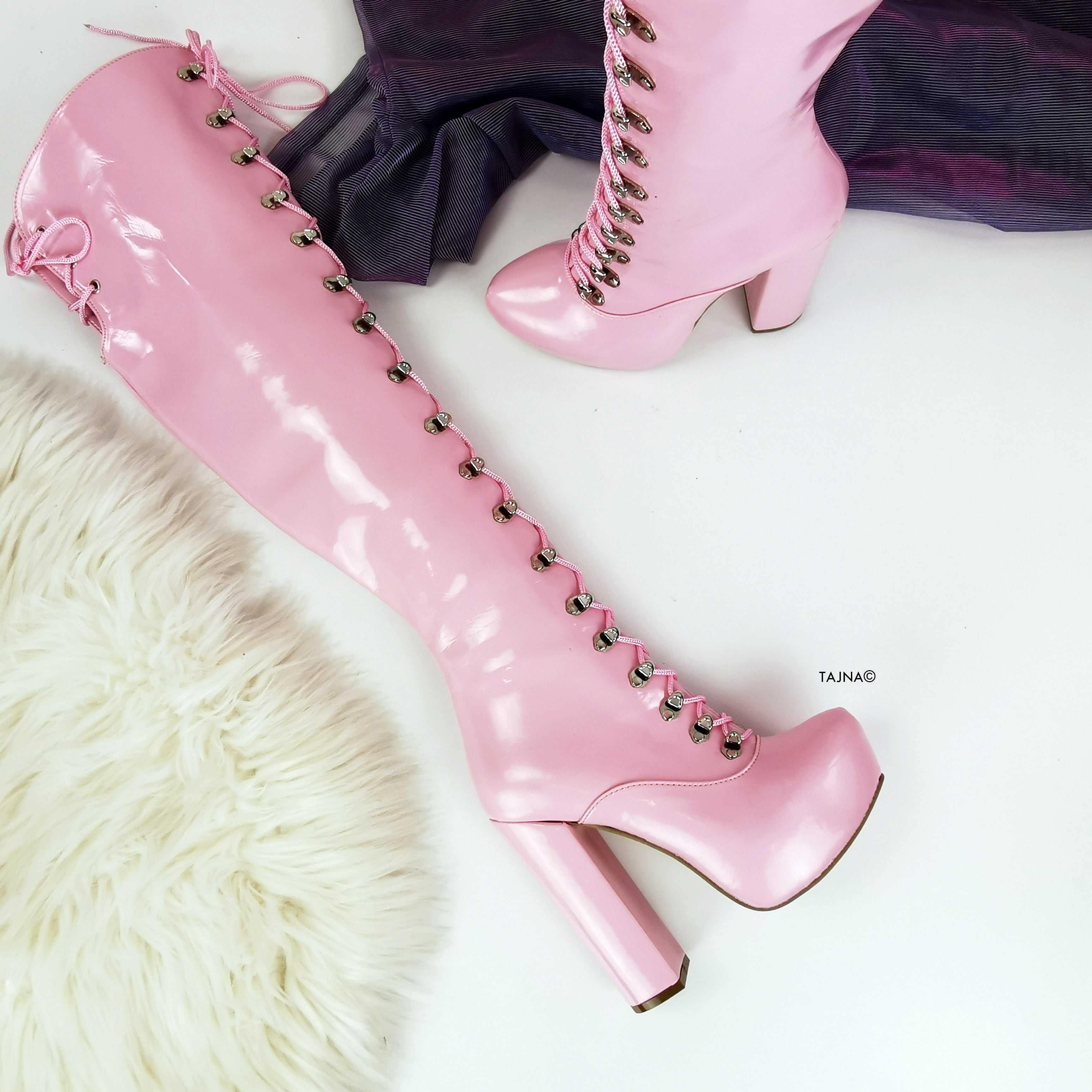 Light Pink Chunky Heel Military Style Long Boots - Tajna Club