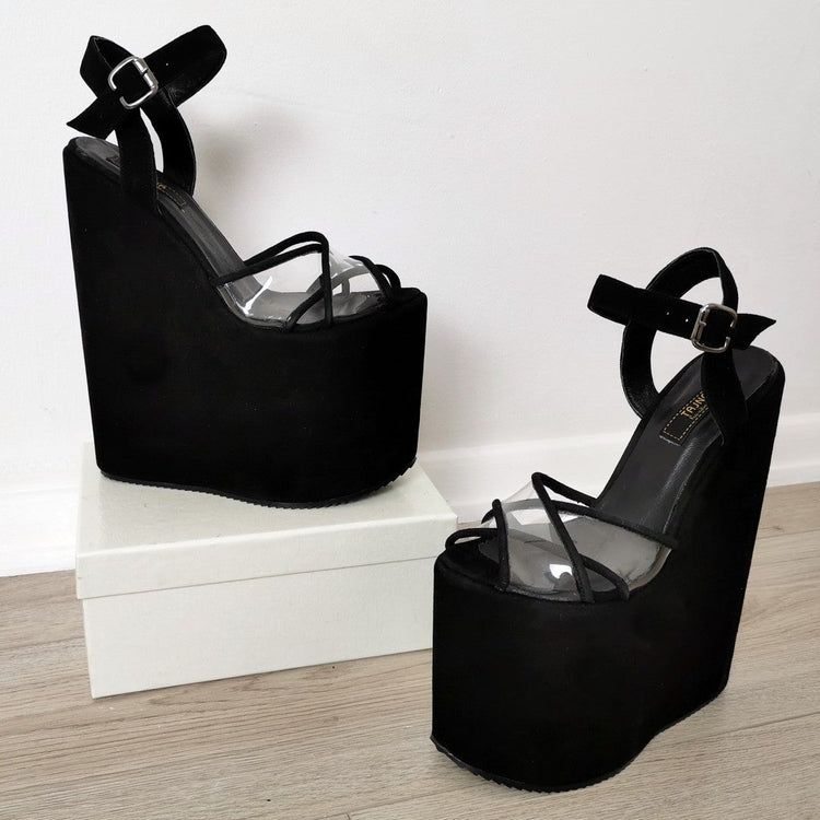 Black Suede Transparent Wedge Sandals - Tajna Club
