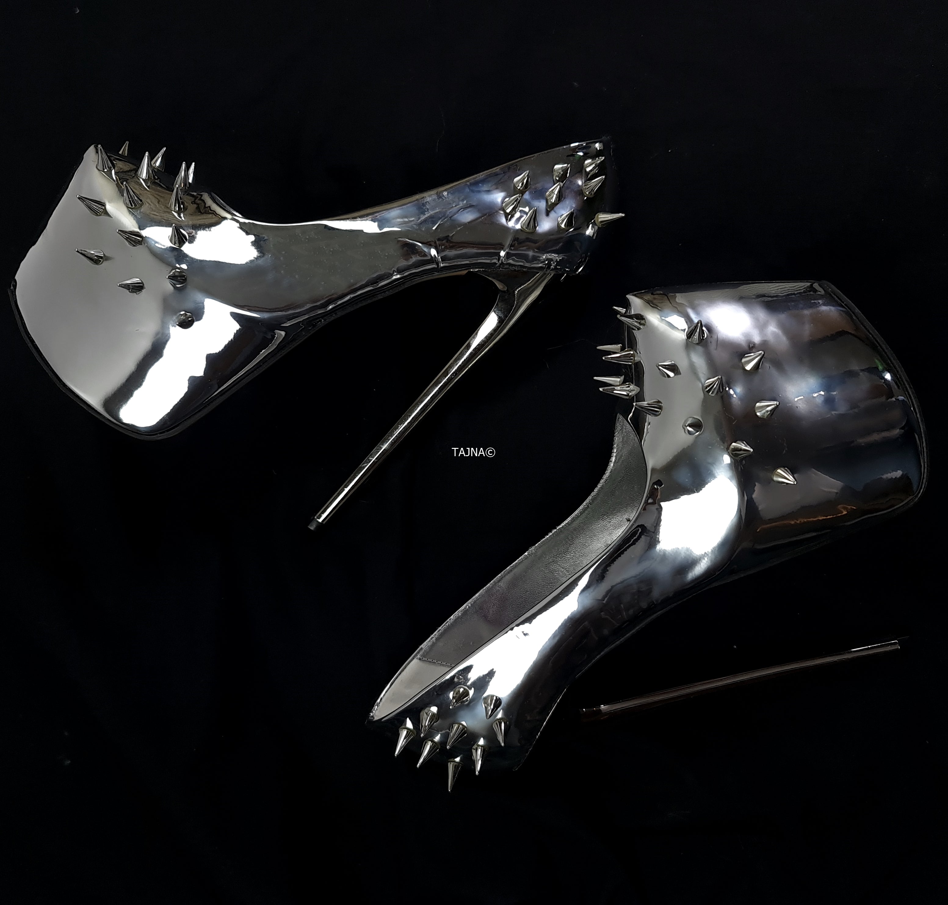 Silver Mirror Spike Studded Fetish Heels Tajna Club