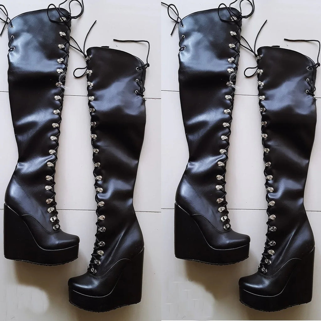 YDN Women Fashion Stacked Wedge Heel Knee High Boots Closed Pointed Toe Suede Winter High Heel Long Boots Trendy Pull On Dress Shoes With Zipper Size 4 Black | Knee-High-377608