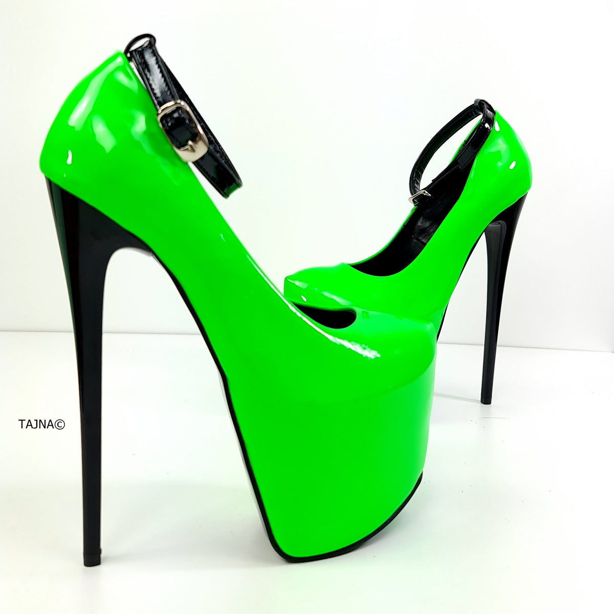 Neon Green Black Gloss Ankle Strap Heels | Tajna Club