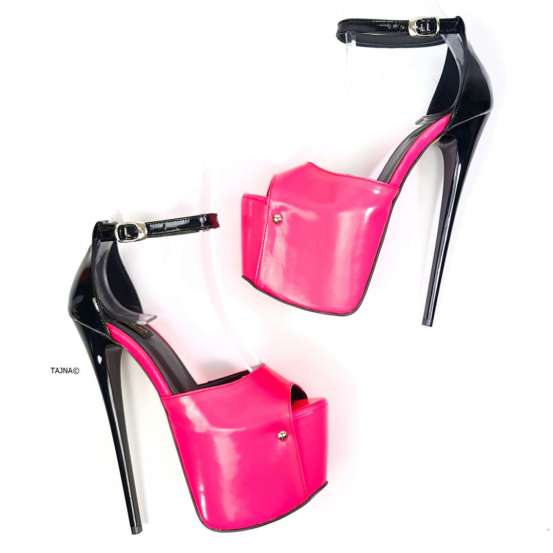 Neon Pink Black Gloss Ankle Strap Heels