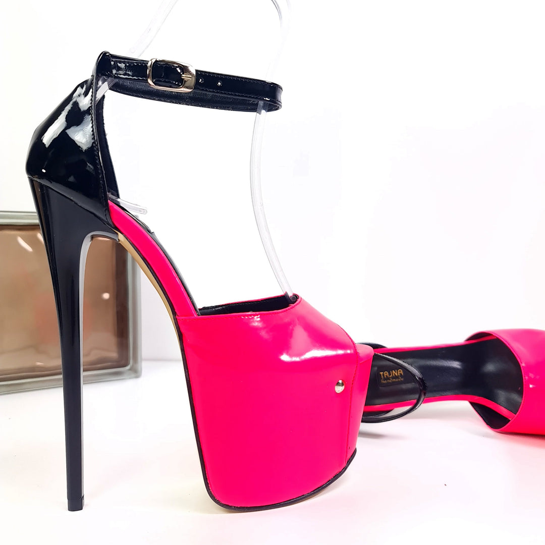 Neon Pink Black Gloss Ankle Strap Heels