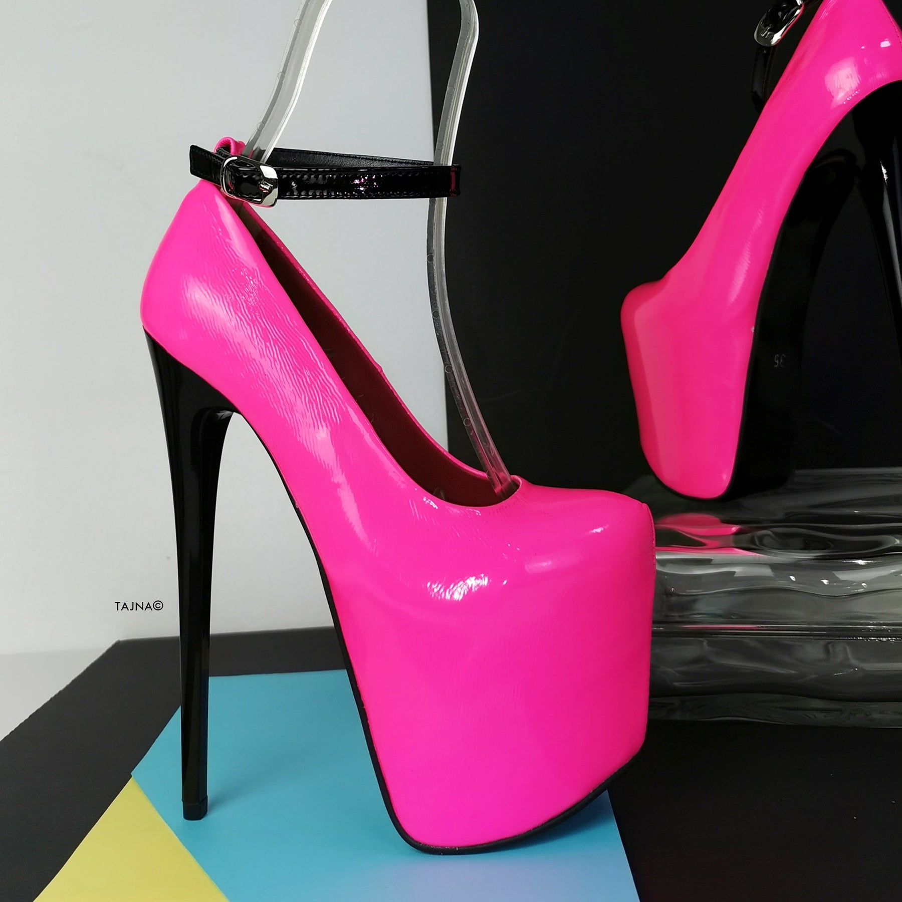Neon Pink Ankle Strap High Heels | Tajna Club