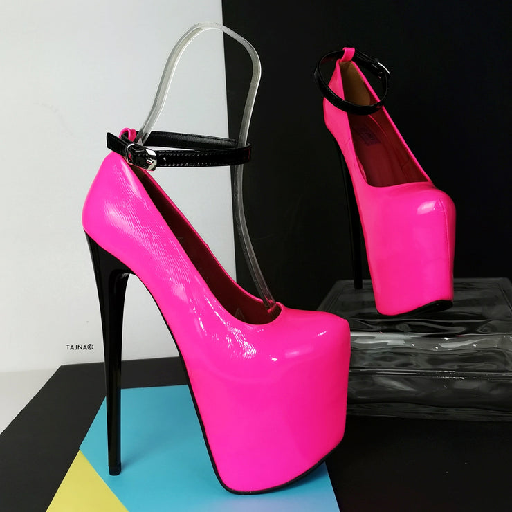 Neon Pink Ankle Strap High Heels | Tajna Club