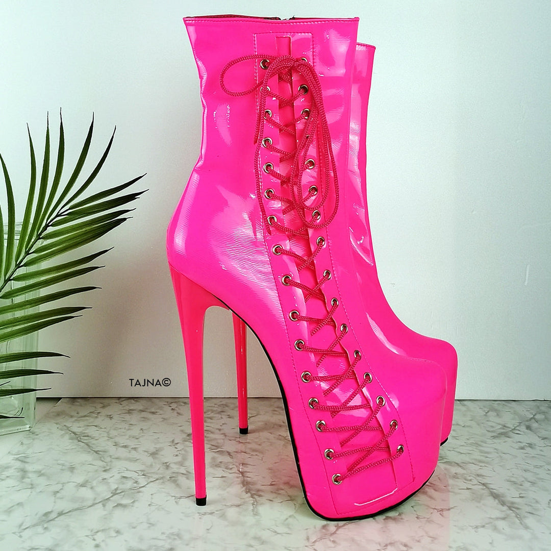 Neon Pink Gloss Corset High Heel Boots - Tajna Club