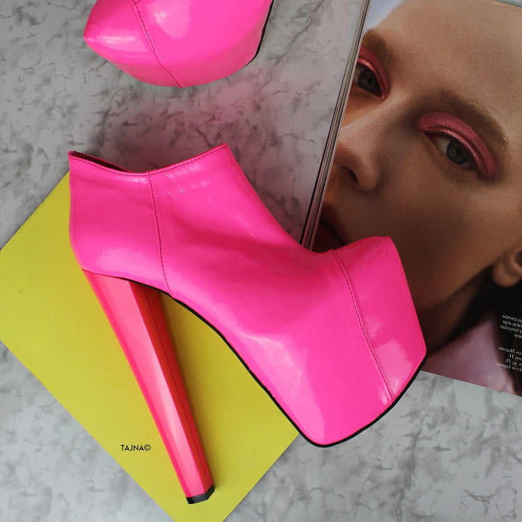 Neon Pink Ankle Thick Heel Booties - Tajna Club
