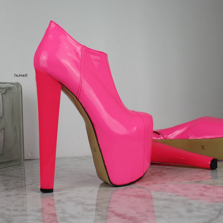 Neon Pink Ankle Thick Heel Booties - Tajna Club