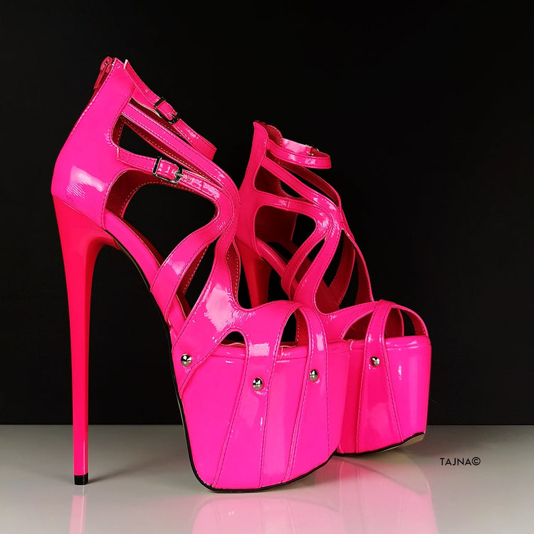 Neon Pink Patent Cage Platform Heels - Tajna Club