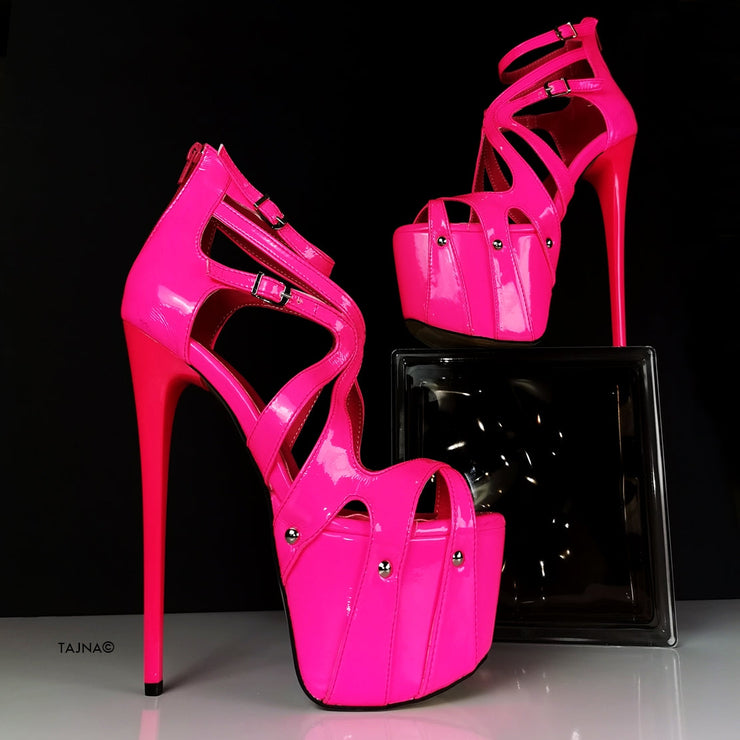 Neon Pink Patent Cage Platform Heels | Tajna Club