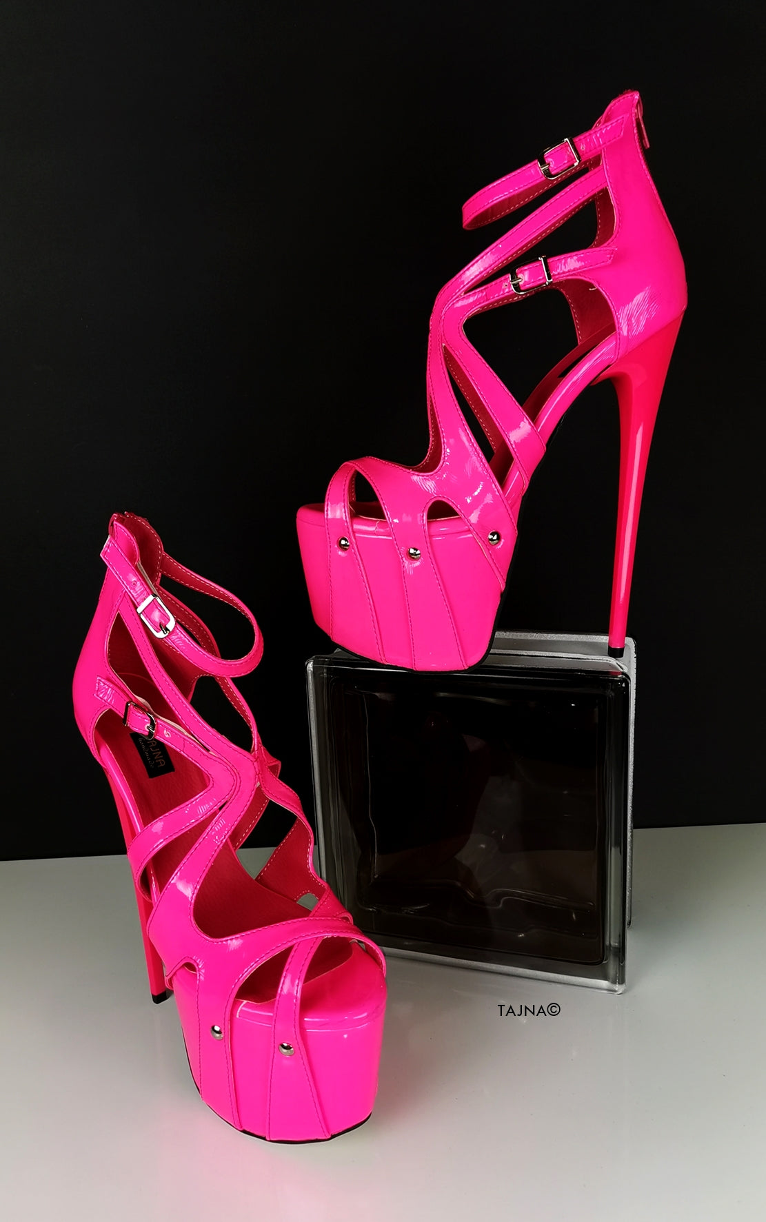 Neon Pink Patent Cage Platform Heels - Tajna Club