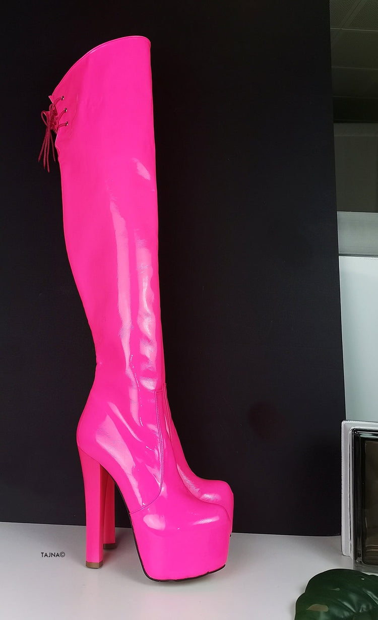 Neon Pink Over Knee Heel Boots - Tajna Club
