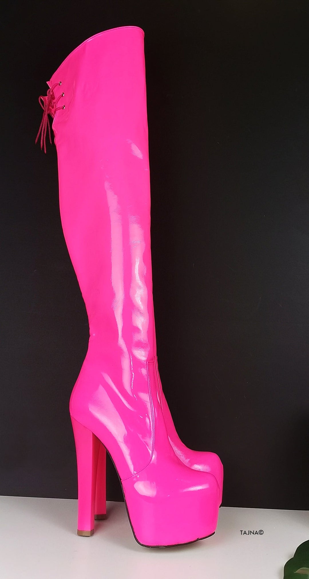 Neon Pink Over Knee Heel Boots - Tajna Club