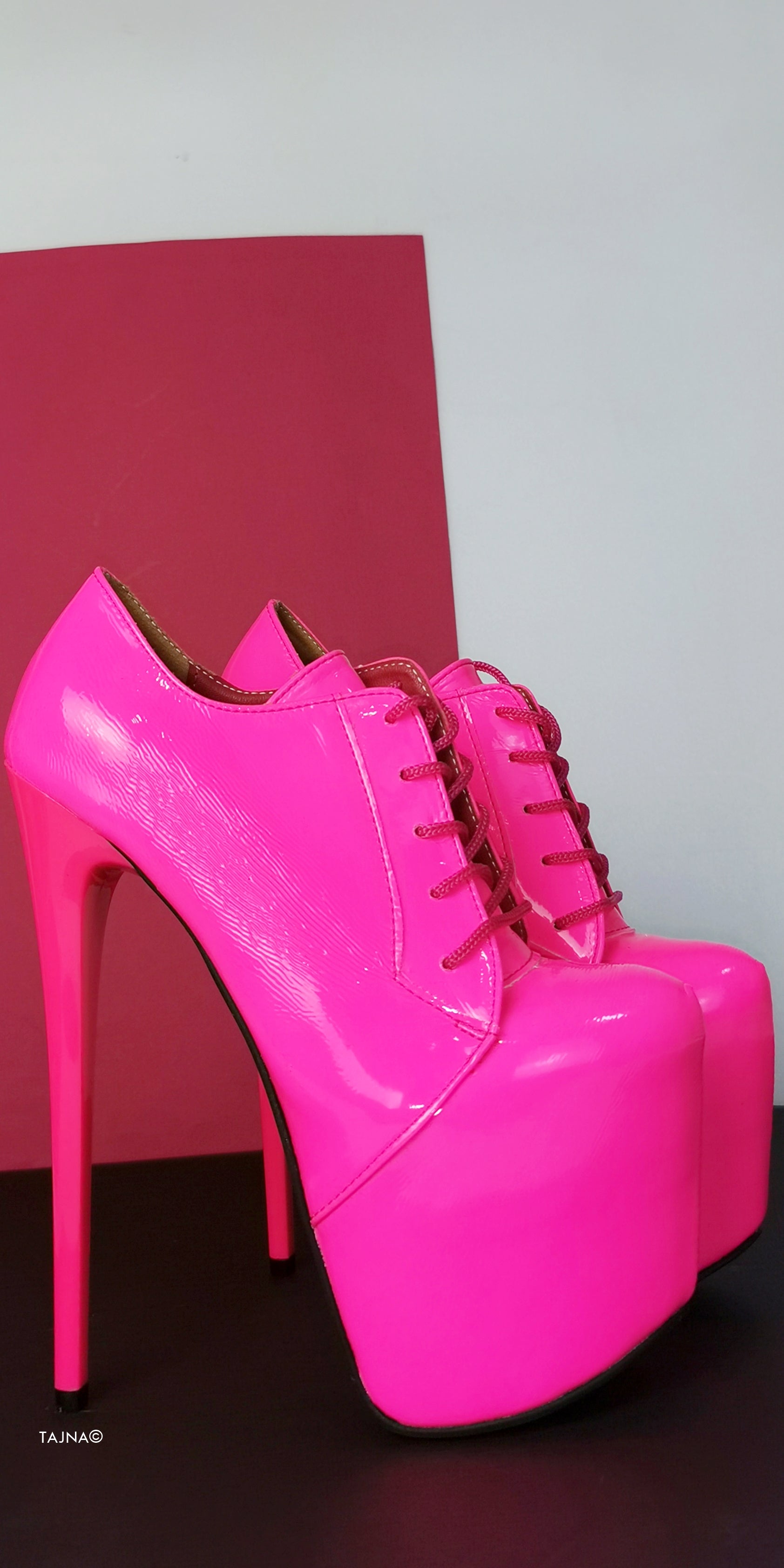 Neon Pink Lac Oxford Ankle High Heels Tajna Shoes Tajna Club
