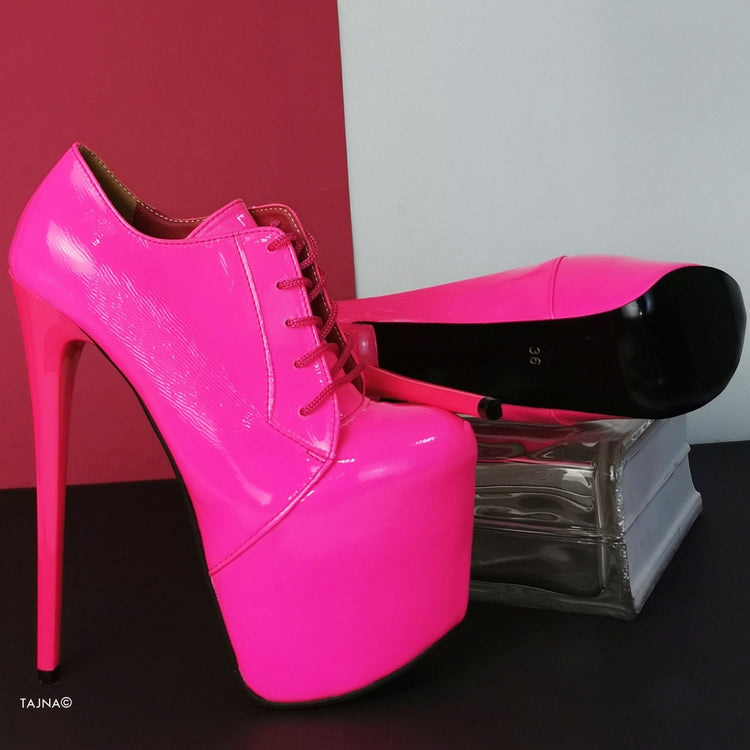 Neon Pink Lac Oxford Ankle High Heels - Tajna Club